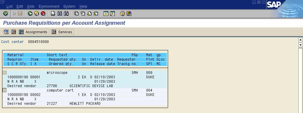 List Display of Purchase Requisitions by Account Assignment: Cost Center ME5K 16. Click on the Next requisn.