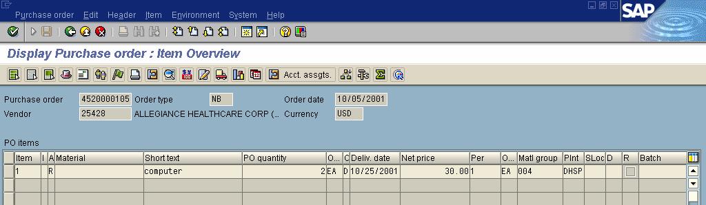 Click on the Enter button to display the Display Purchase order: Item Overview screen. 3.