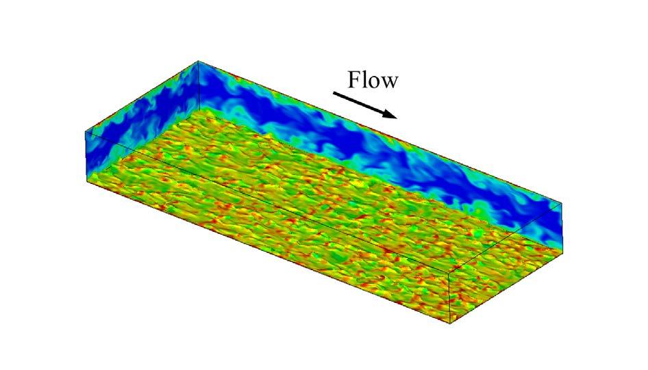 Fig.3 WMLES of turbulent channel flow with heat transfer. Iso-surface of velocity colored by temperature is shown. Publications Presentations 1) Motoe, M.