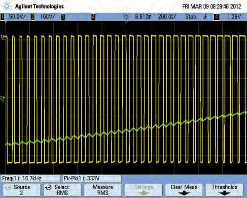 Scope output waveforms at full speed Scope1 (200μs/div) These two scope grabs show the output waveforms with the Motor Speed Controller set at full speed (ie, 50Hz).