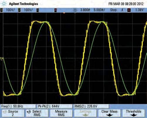 The inter-phase voltage is measured using an RC low-pass filter (8.2kΩ/33nF). Scope1 has a faster time base and only shows a portion of the sinewave along Scope2 (5ms/div) with the PWM pulses.